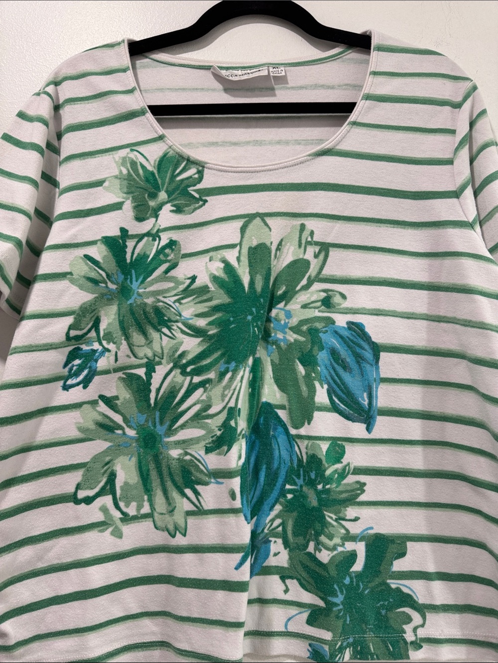 Rebecca Malone Floral Striped Tee Womens XL White Green Short Sleeve Scoop Neck